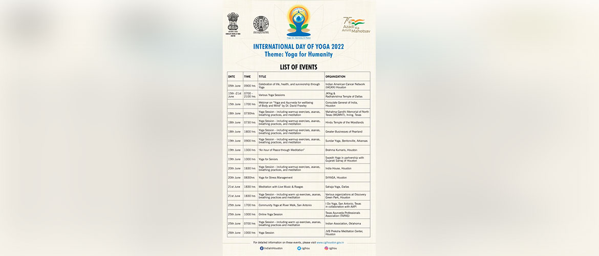 International Day of Yoga 2022- Calendar of events. For details, please visit : https://yogadayoftexas.org/