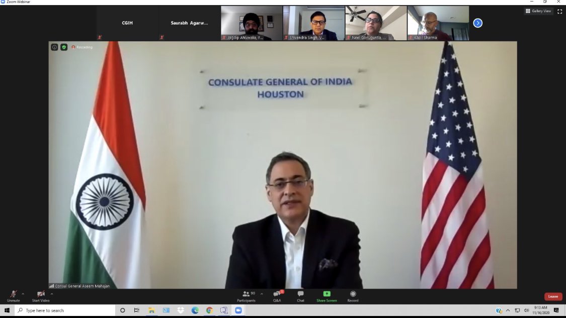Consul General joined a meeting organized by Nasscom and interacted with Indian IT companies on November 16,2020