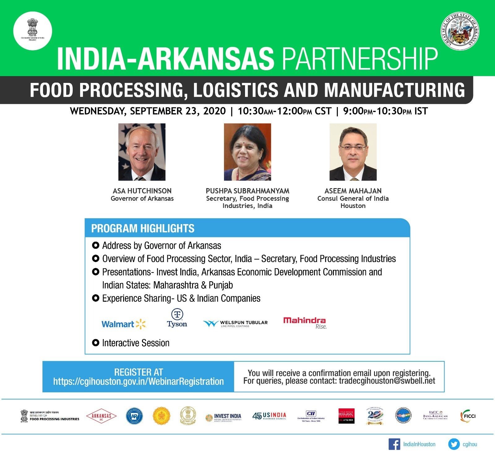 Consulate General of India, Houston Organized a webinar "India-Arkansas Partnership:Food Processing , Logistics and Manufacturing" along with various partners on September 23, 2020