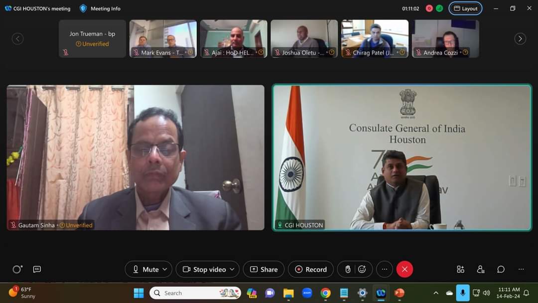 Consulate General of India, Houston in association with   Directorate General of Hydrocarbon DGH INDIA, India hosted a virtual session with prominent companies in E&P sector to discuss opportunities in India's oil & gas sector on February 14,2024