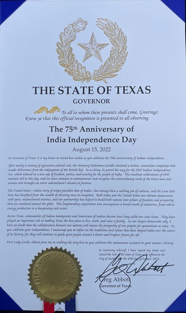 Proclamation by Governor of Texas Greg Abbott commemorating 75 years of India’s Independence on August 12, 2022