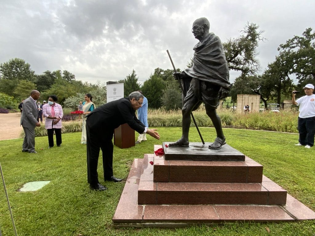 Consul General, Mayor Sylvester Turner, Congresswoman  Jackson Lee Congressman Al Green paid floral tributes to MahatmaGandhi  on the 152nd anniversary of his birthday at Mahatma Gandhi statue, Hermann Park, Houston on October 2, 2021
