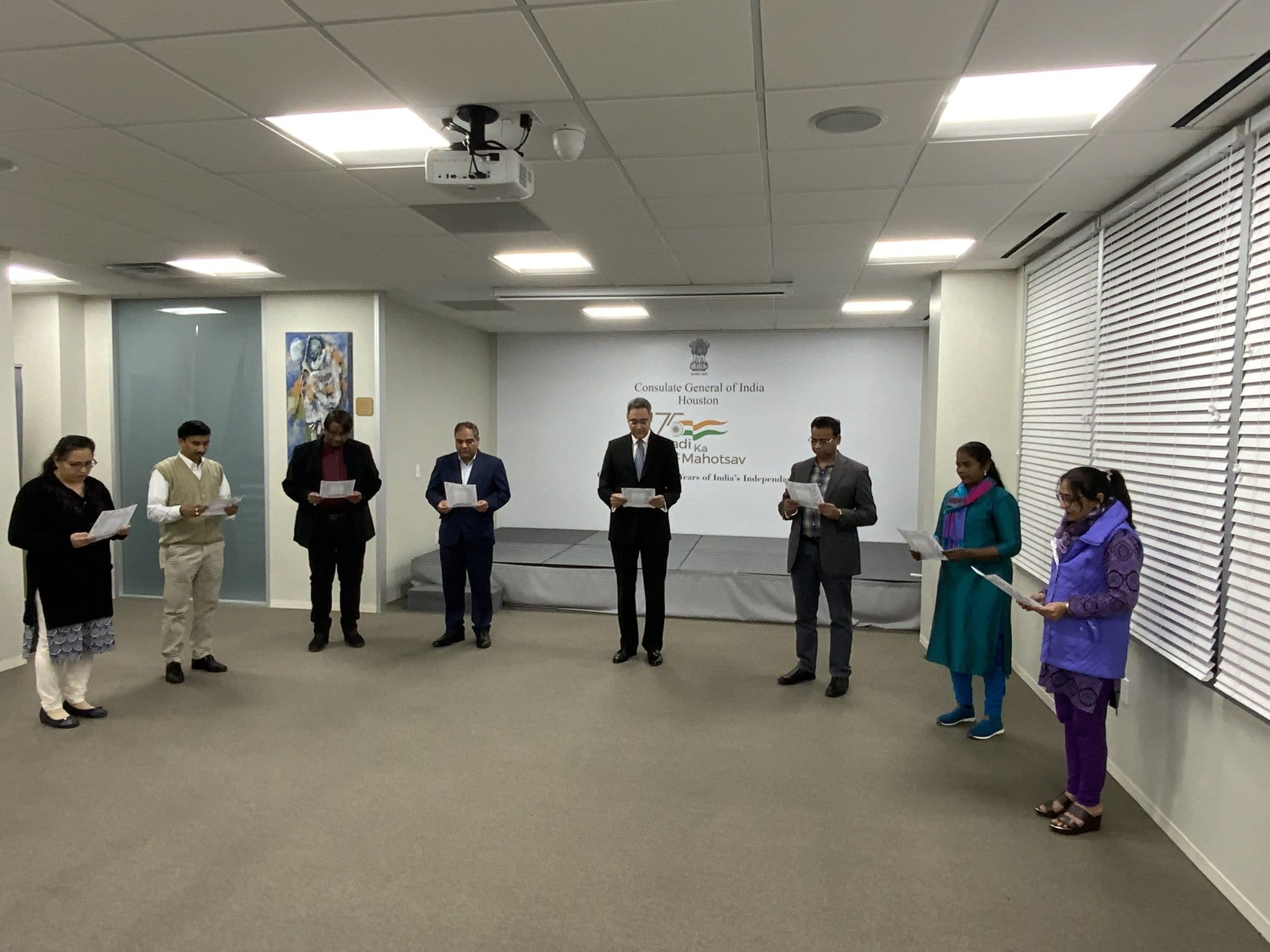 Officials of CGI ,Houston reading the Preamble of the Constitution of India, on the occasion of Constitution Day 2021 on November 26,2021